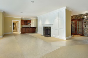 Basement of new construction home with fireplace